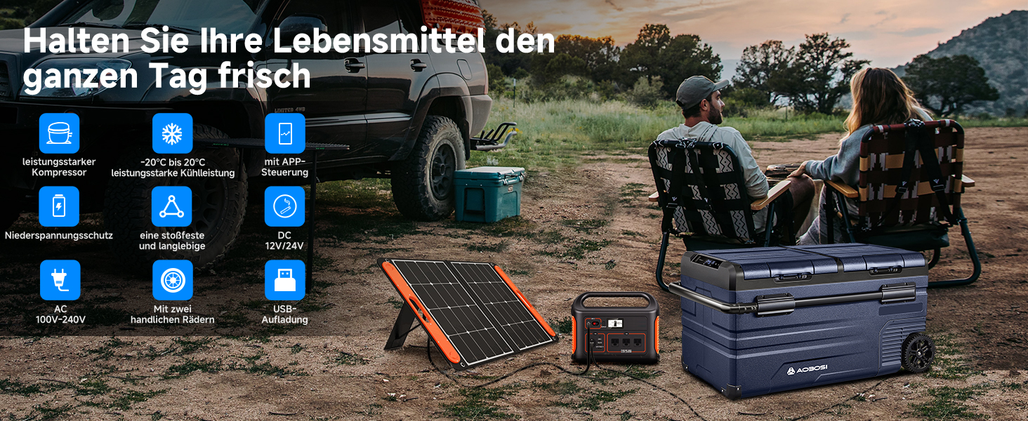 Компактний компресорний холодильник AAOBOSI Dual Zone 75L з Wi-Fi керуванням, USB-портом, 12/24/240V, -20°C до 20°C для авто, вантажівки, човна, кемпінгу