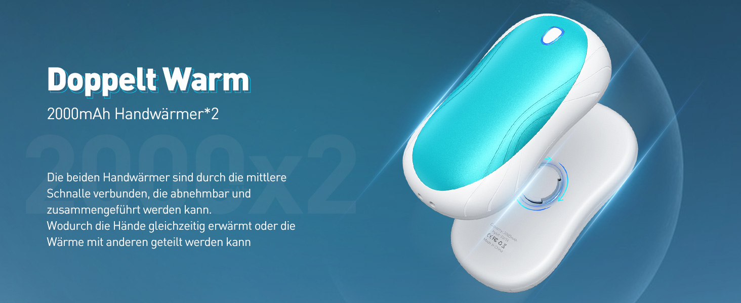 Електричні грілки для рук Cnkeeo, 2 шт. з роздільним магнітним з'єднанням, Powerbank USB, 3 режими нагріву, для спорту, риболовлі, полювання, чорно-білі (блакитно-білі)