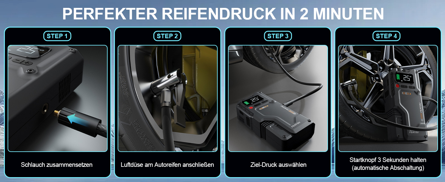 Powerbank з компресором Starthilfe 6500A: автостартер 12V для легкових автомобілів з повітряним насосом, бустер-акумулятор (для 9.0L бензину/8.5L дизеля) з пусковими кабелями, LED ліхтар 500 люмен (чорний), піковий струм 6500A