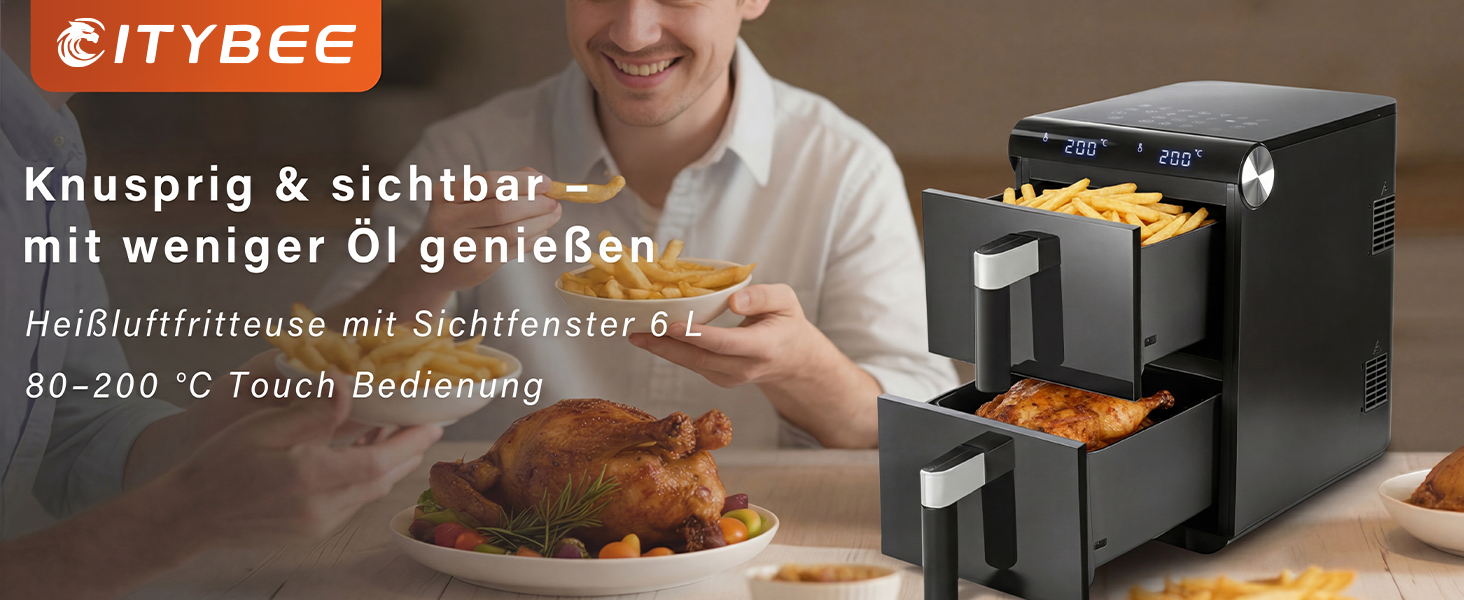 Аерофритюрниця Citybee XXL 10L (5L+5L) з двома камерами та вікном, Dual Zone Airfryer 2200W, сенсорне керування, таймер 24г, чорна