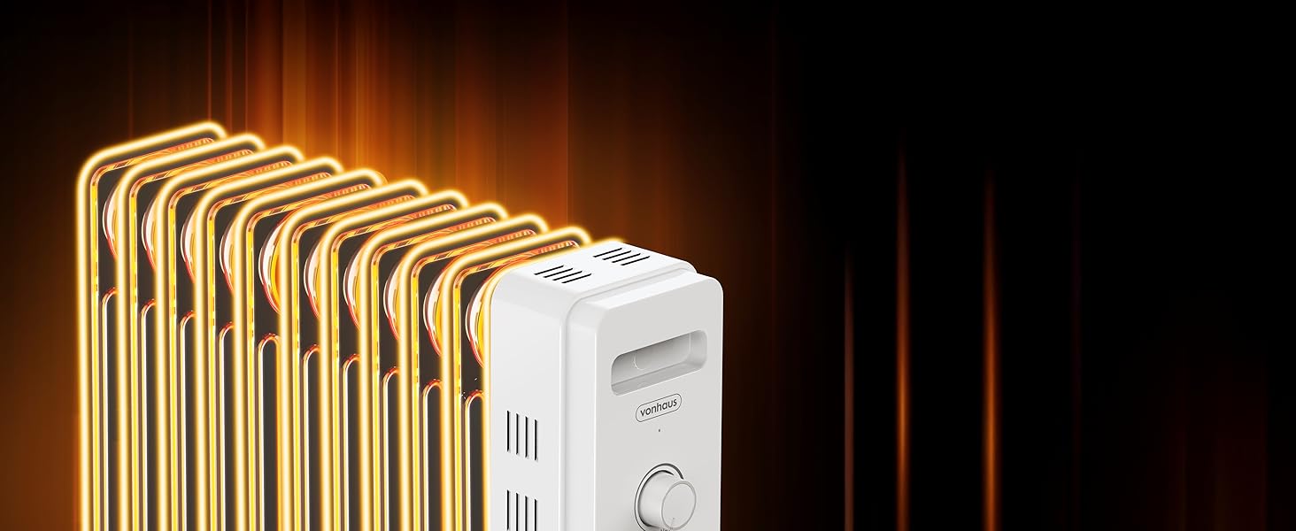 Масляний радіатор VonHaus з 11 ребрами, 2.5 кВт, з термостатом, білий - для дому та офісу
