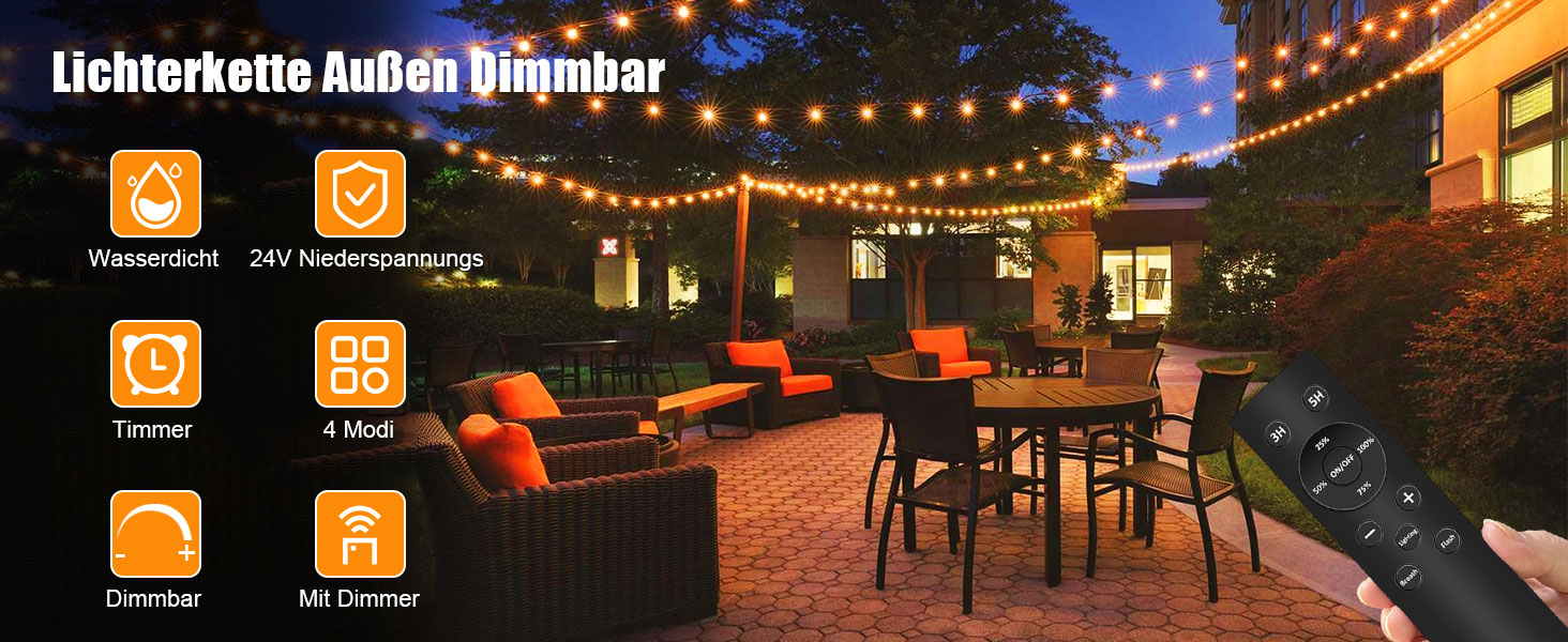 LED гірлянда для вулиці з пультом керування, 15м, G40, диммування, 4 режими, таймер, вологостійка, для саду, балкону, тераси, вечірки, кемпінгу, весілля