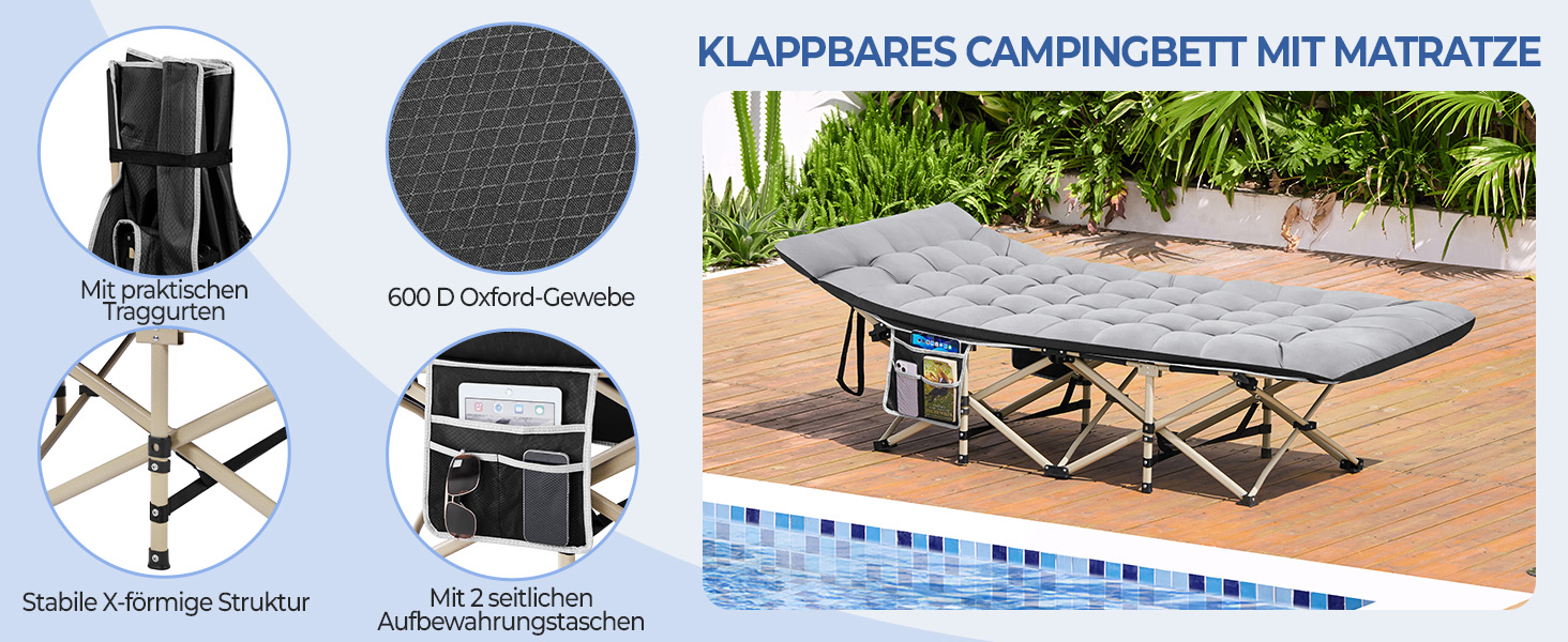 Розкладне кемпінгове ліжко Yaheetech з матрацом та сумкою для перенесення, 191 x 67 см, сіро-чорне, витримує до 150 кг
