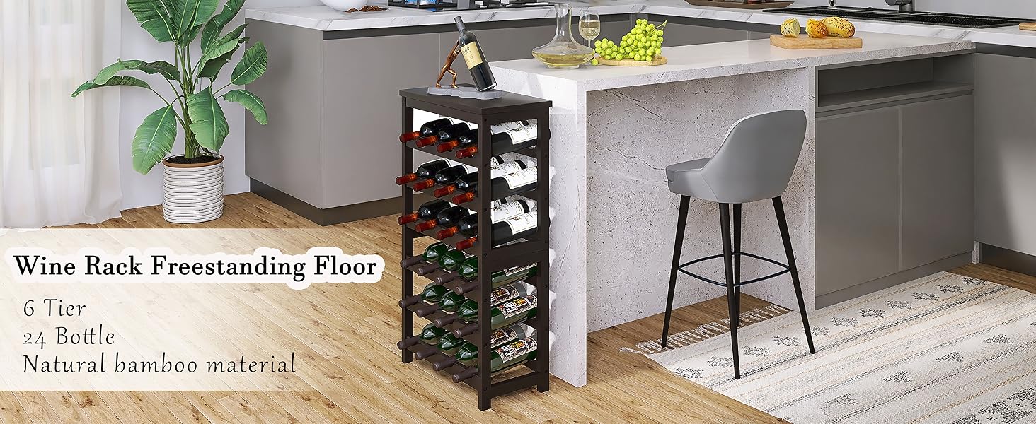 Стеллаж для вина на 24 пляшки з бамбука, 6-ярусний, з полицями та столом (колір: коричневий)