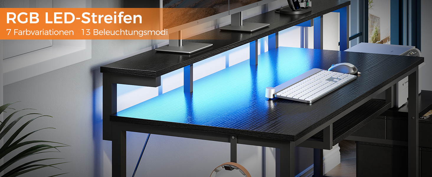 Ігровий стіл Coleshome з LED підсвічуванням, стіл для дому та офісу з ящиками з тканини, комп'ютерний стіл з 2 розетками та 2 USB-портами, стіл для геймінгу з підставкою для монітора, білий (140x48 см, чорний)