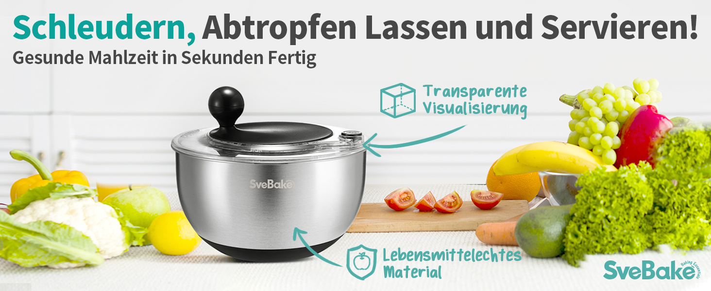 Салатниця-центрифуга 5L з нержавіючої сталі, чорна, з кнопкою стоп, BPA-Free, з прозорою кришкою та дренажним отвором, з протиковзким дном, придатна для миття в посудомийній машині