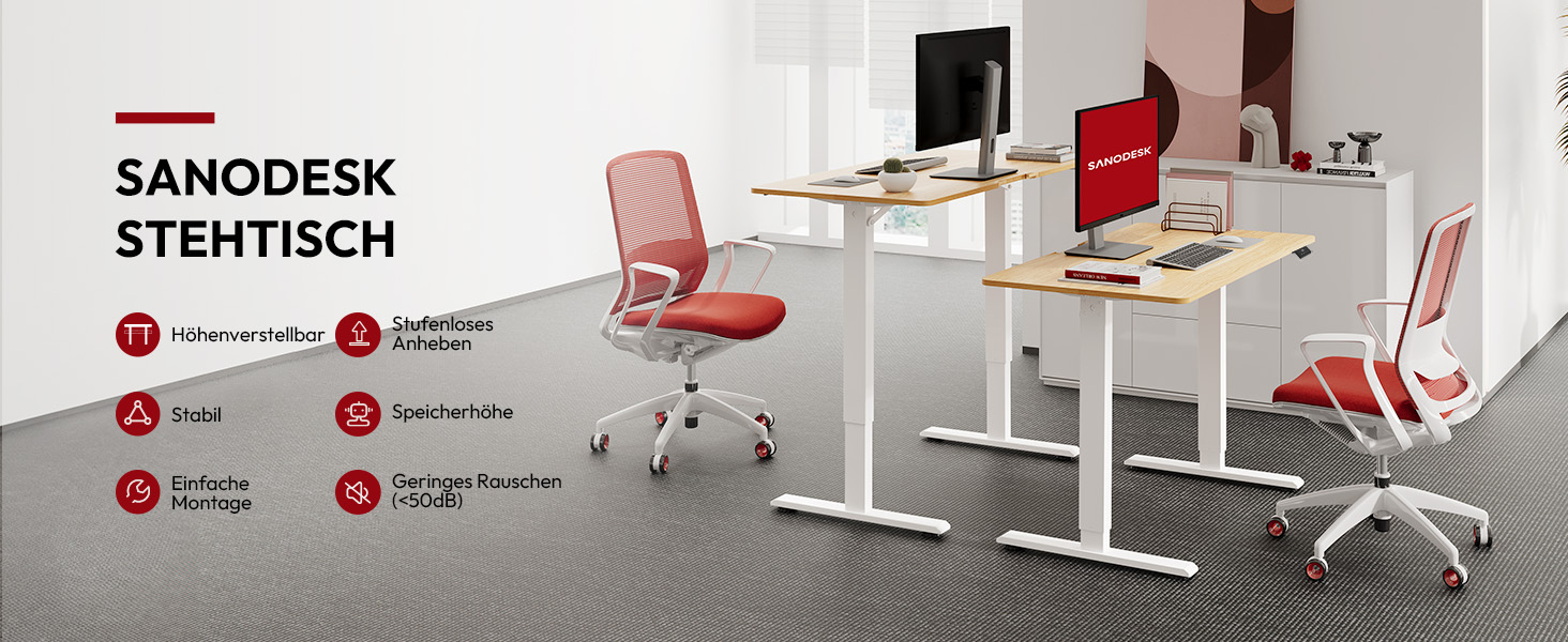 Регульований стіл Sanodesk з великою стільничною поверхнею, аксесуарами (підстаканник, гачки, органайзер, кабель-менеджмент), ергономічний для офісу та дому, шпон берези, 110x54 см, білий+шпон берези