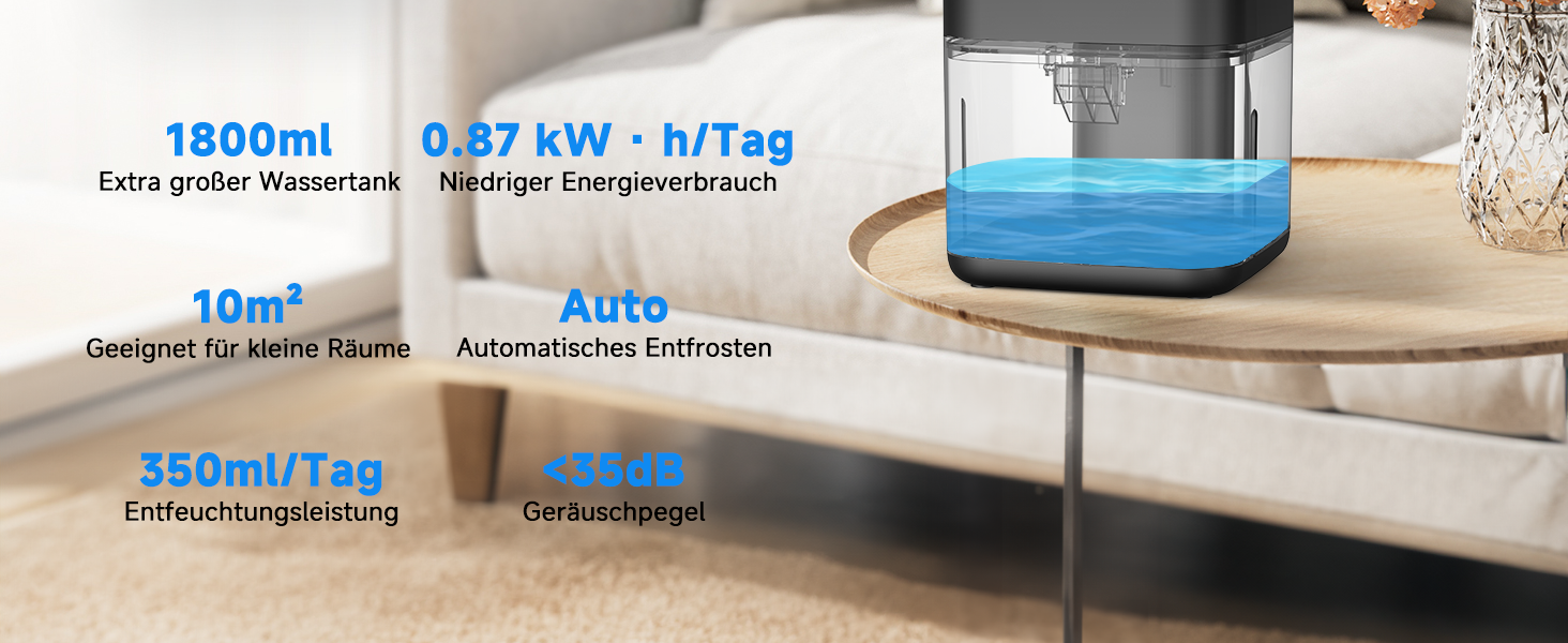 Електричний осушувач повітря 1800 мл - тихий осушувач для дому з функцією відтавання, очищення повітря та захистом від вологи. Ідеально для спальні та ванної кімнати (білий/чорний)