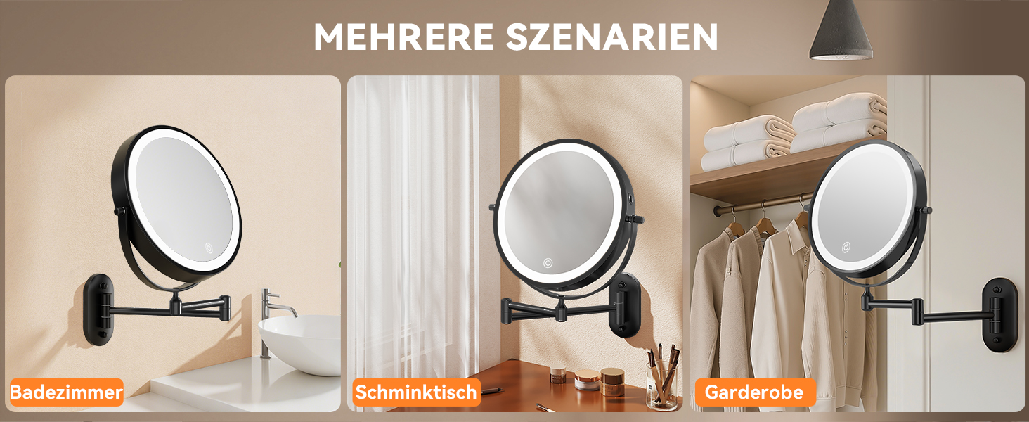 Дзеркало для макіяжу Auxmir з підсвічуванням, 1X/ Акумуляторний, 3200mAh, для гоління, настінний, з регулюванням яскравості, збільшення 30X, 3 кольори світла, поворот на 360°, для ванної кімнати (Чорний)