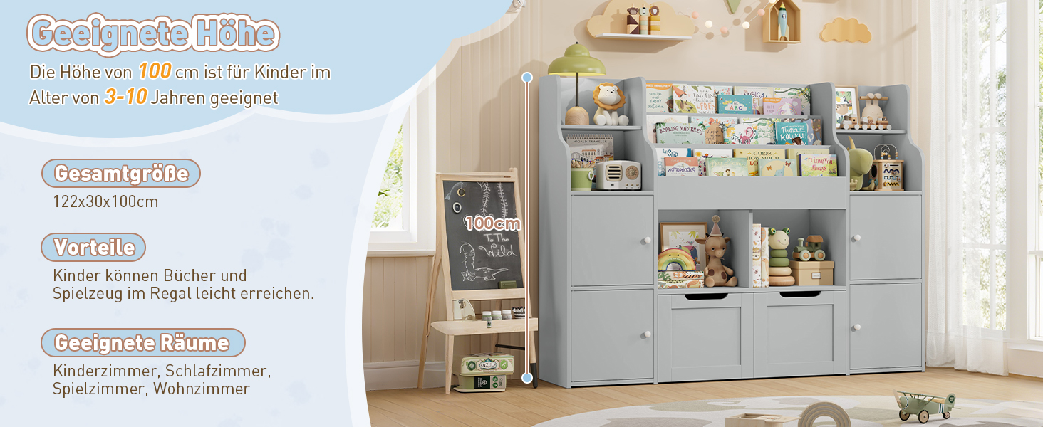 FOREHILL Поличка для іграшок та книжок у дитячу кімнату з дерева, сіра, 122 x 30 x 100 см