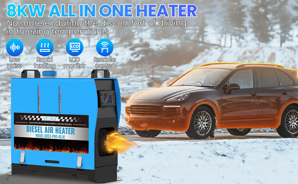 Автономний дизельний обігрівач VELPAX All in One 8кВт, портативна повітряна опалення 12V/24V/220V з LCD-дисплеєм та пультом для авто, вантажівок, кемперів та човнів (Синій)