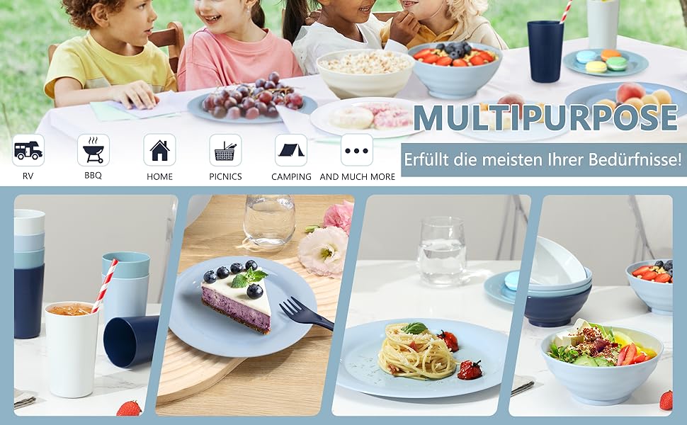 Набір посуду BEWOS Morandi з міцного пластику (40 шт.) для кемпінгу, 8 осіб, миючий посуд, підходить для мікрохвильової печі