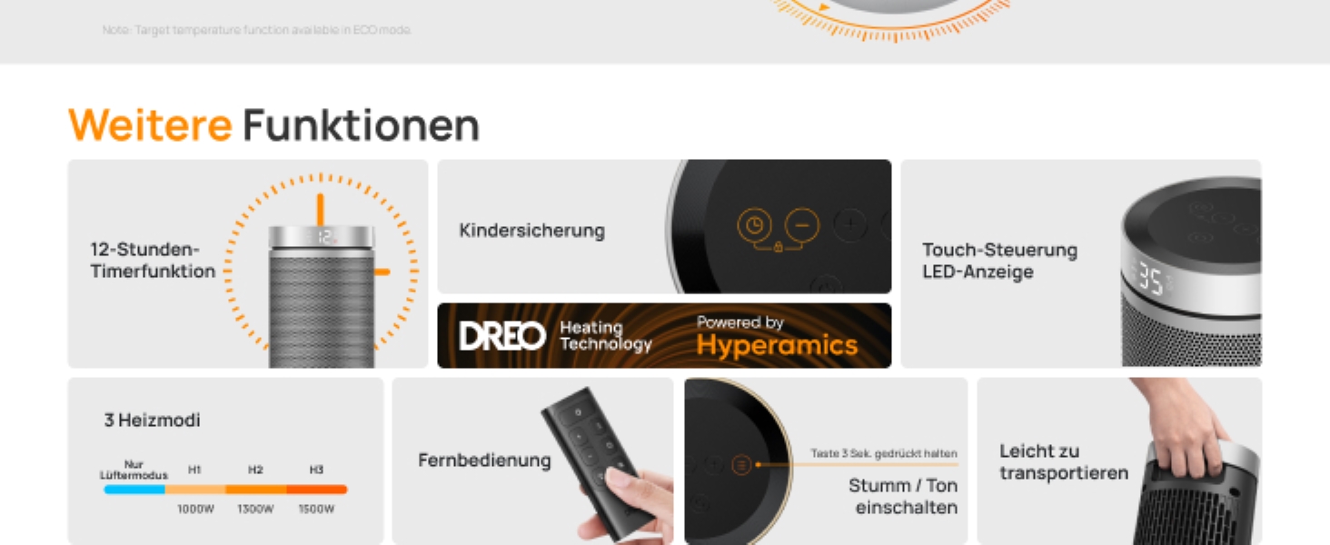 Електричний обігрівач Dreo Atom 316: тихий, 1500W, керамічний PTC, термостат, захист від перегріву та перекидання, таймер 12 год, для дому та спальні