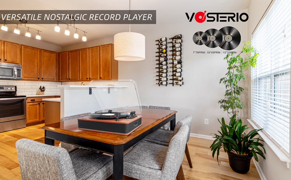 Програвач вінілу VOSTERIO з Bluetooth, Hi-Fi стереодинаміками, ретро дизайн, 3 швидкості, FM-радіо, USB, TF, Aux-In, RCA, LED-дисплей, функція перетворення вініл-у-MP3