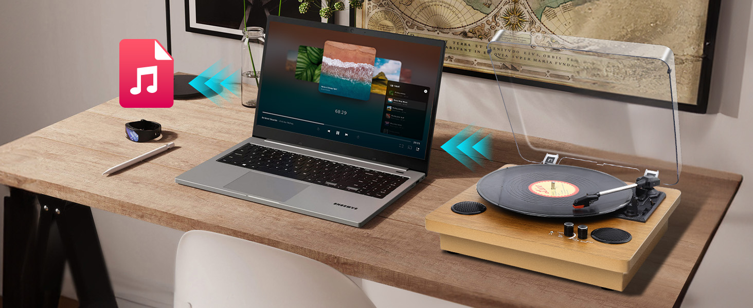 Програвач вінілових платівок VIFLYKOO з Bluetooth, стереодинаміками, 3 швидкості, ретро-дизайн, підтримка конвертації вініл-у-MP3, AUX, RCA, вихід для навушників