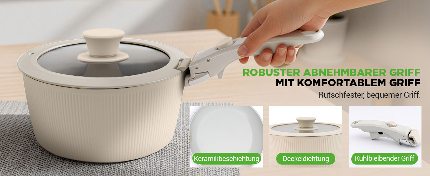 Набір посуду NutriChef 18 частин з кераміки кремового кольору з знімними ручками. Підходить для індукційних плит, всіх типів плит, духовок. Антипригарне покриття, компактний, можна складати.