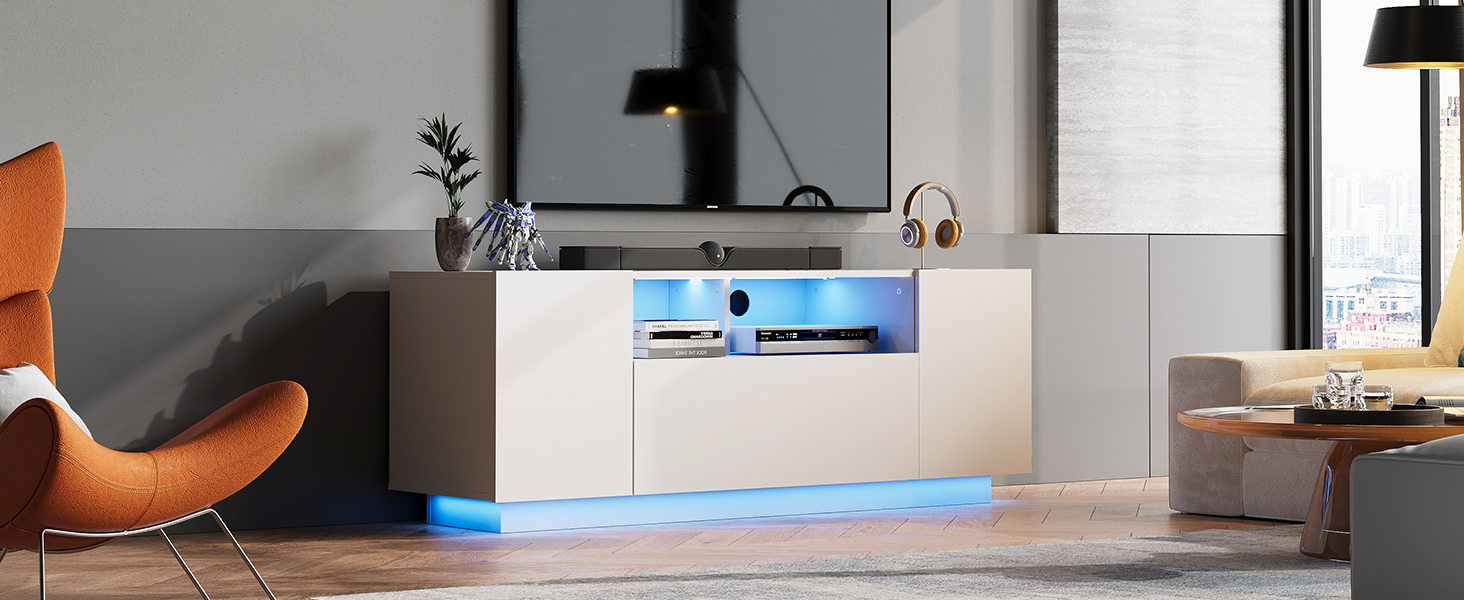 Тумба під телевізор WLIVE з LED підсвіткою, глянцева, 122x36x45 см - 20 кольорів, шафи та відкриті полиці, відкидні дверцята, біла