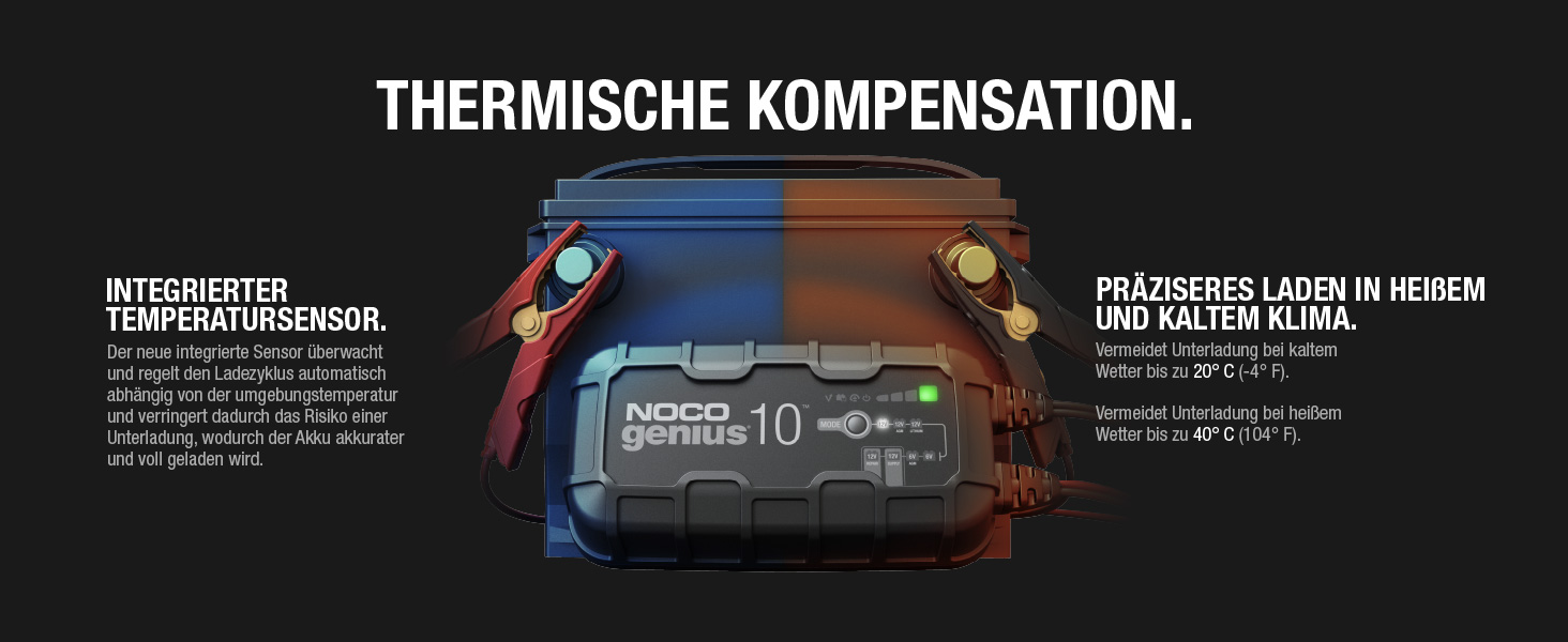 NOCO GENIUS10: Інтелектуальне зарядне пристрій для акумуляторів 6V/12V - Автоматичний підтримуючий заряд, сульфатор, захист від перевантаження, температурна компенсація - Для свинцево-кислотних та літієвих акумуляторів