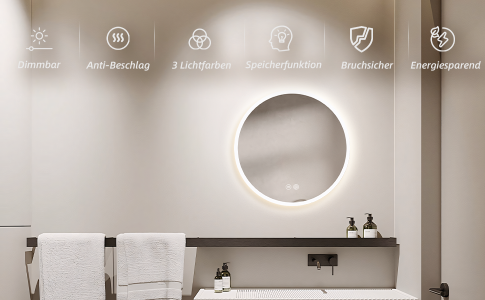 Дзеркало для ванної кімнати HySail з підсвічуванням, 5 мм, висока роздільна здатність, срібне покриття, 3 колірні температури, регульована яскравість, антизапарник, кругле, 60x60 см