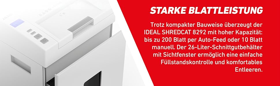 Шредер IDEAL Shredcat 8200 CC: найнадійніший знищувач документів з частинковим різанням (4x40 мм, P-4), до 14 листів, преміум-якість, тихий та надійний, ідеальний для безпечного знищення документів вдома. Німецький виробник.