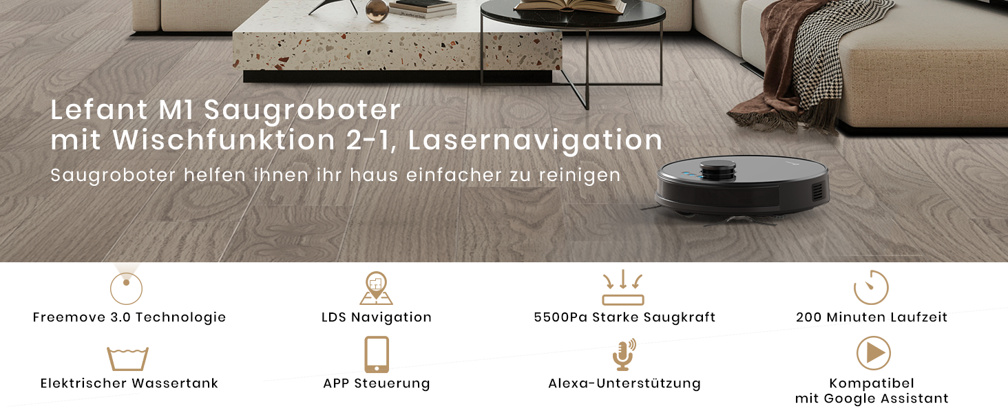 Робот-пилосос LEFANT M1B з функцією миття підлоги, LiDAR-навігацією, потужністю 5500Pa, картуванням декількох поверхів, самостійною зарядкою, Wi-Fi, 8 зонами заборони, для видалення шерсті тварин, килимів та твердих підлог