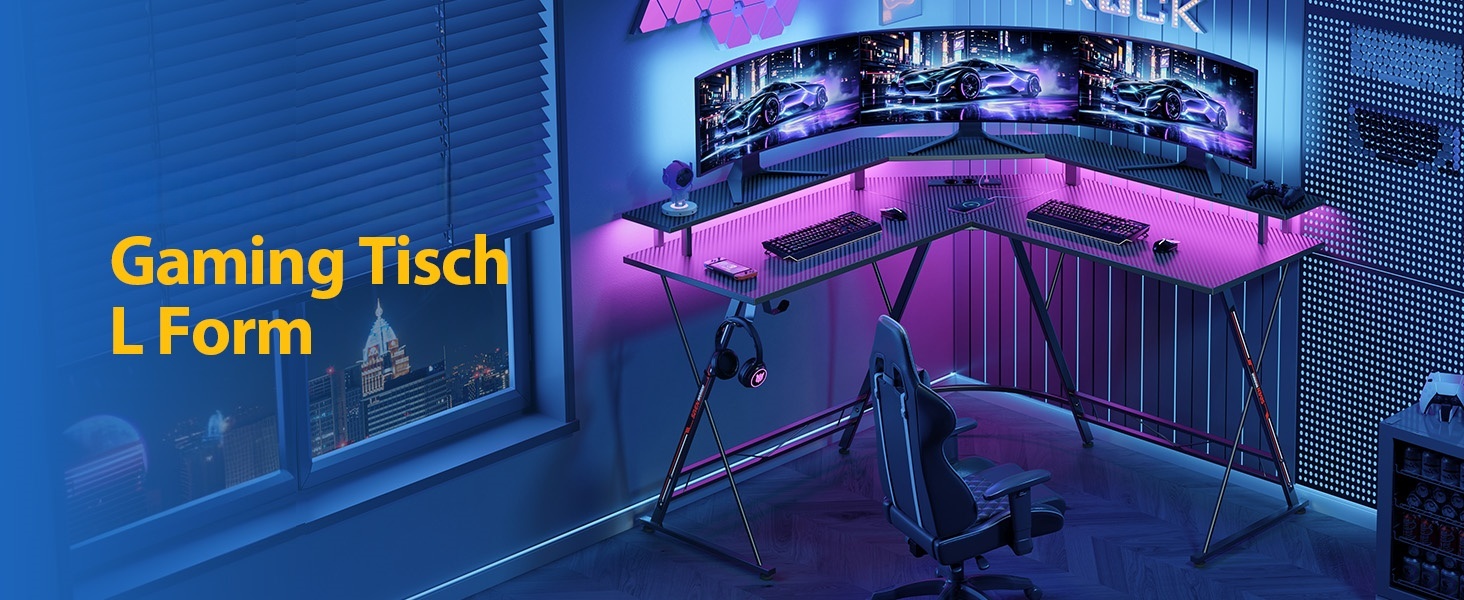 Ігровий стіл SEVEN WARRIOR з LED підсвіткою, розетками, полицею для монітора, 2 гачками, ергономічний кутовий стіл L-подібної форми (127см)