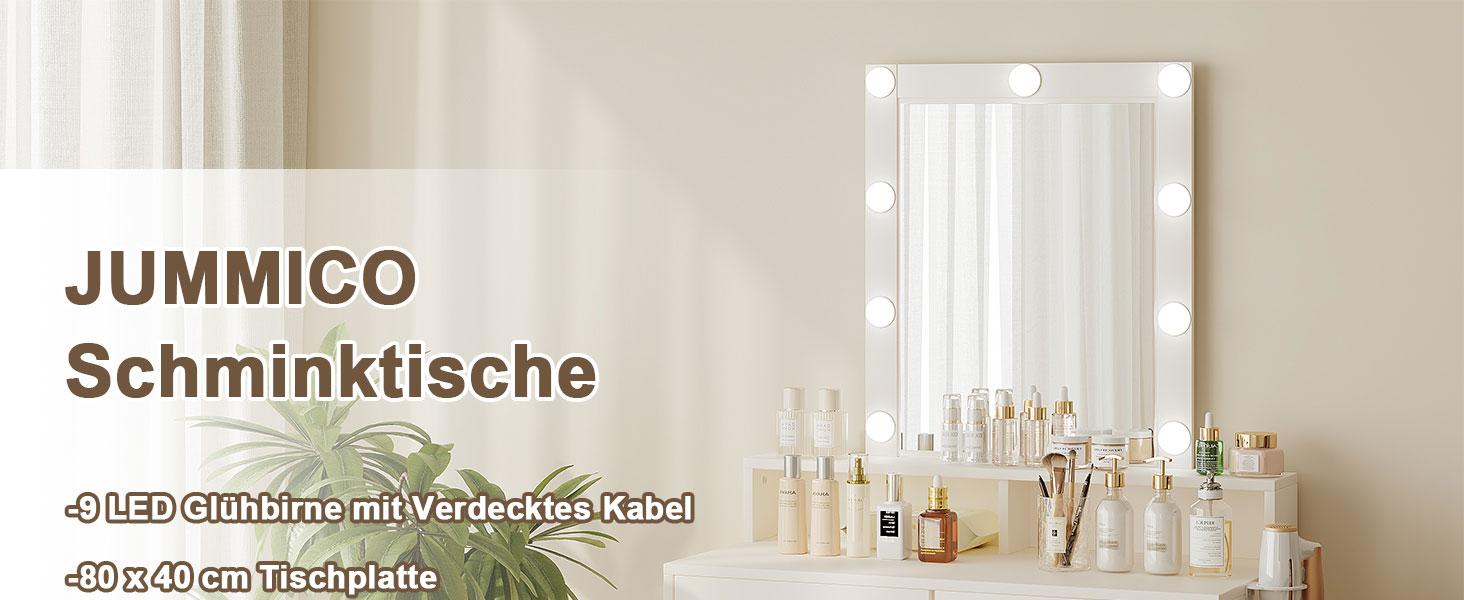 Трюмо JUMMICO з LED-підсвічуванням та дзеркалом, регульована яскравість та колірна температура, косметичний столик з 9 LED-лампочками, білий