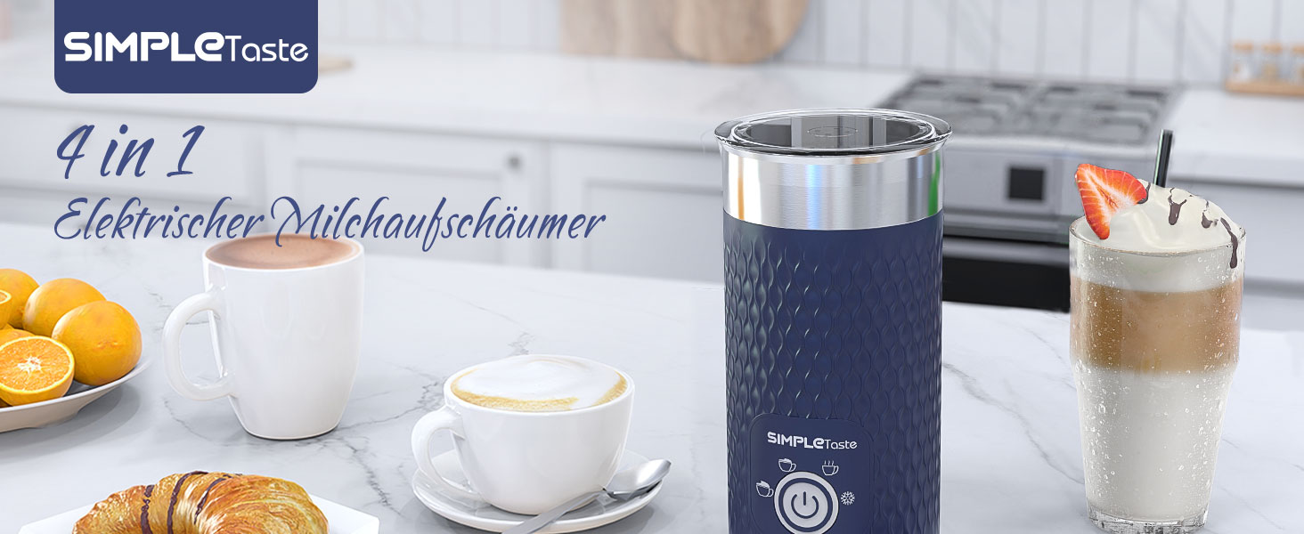 Електричний спінювач молока SIMPLETaste 4-в-1: спінювач, нагрівач молока, для капучино, лате, макіато (блакитний)