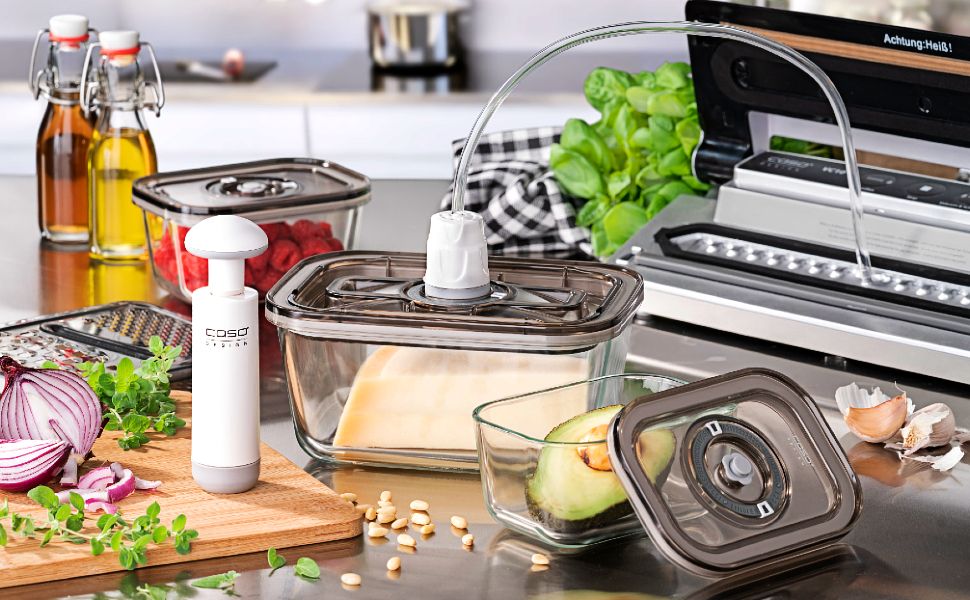 Набір вакуумних контейнерів Caso VacuBoxx Eco-Set з боросилікатного скла (3 шт.), без BPA, термостійкі та придатні для посудомийки та морозильника, з адаптером та шлангом