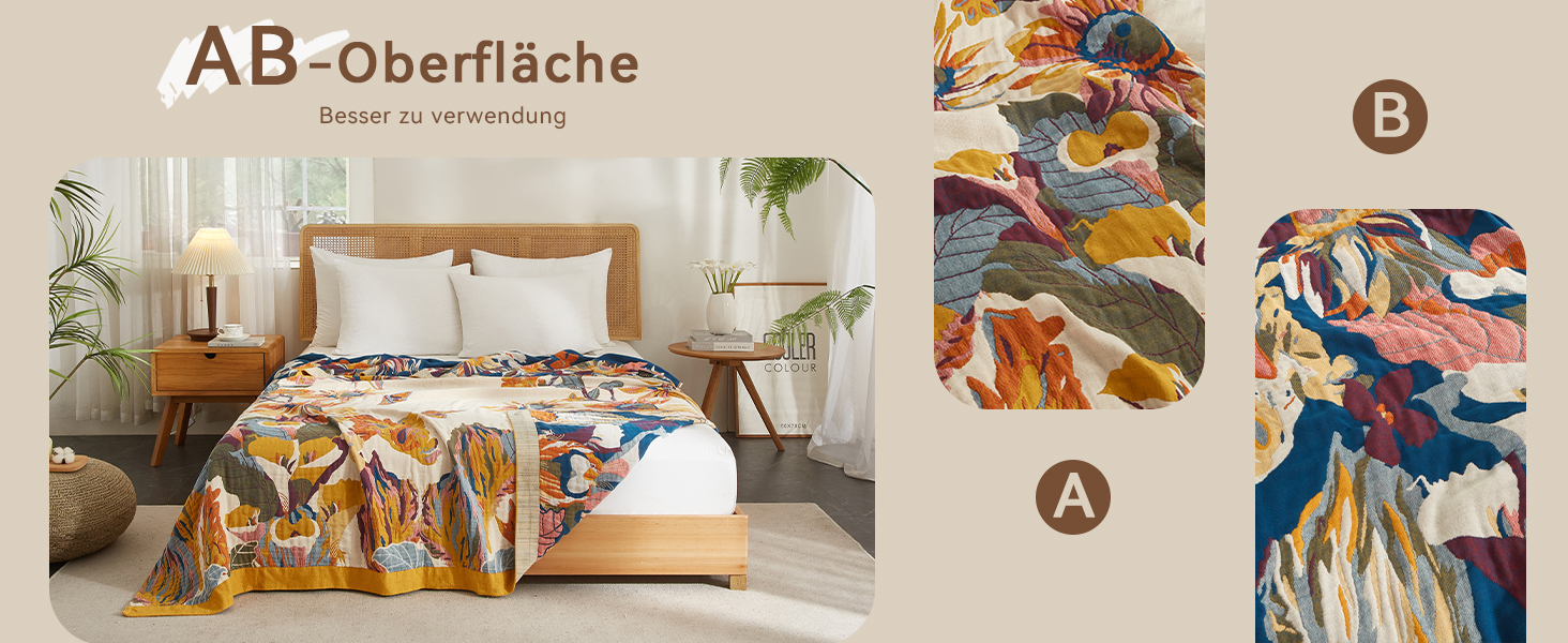 Богемна ковдра Boho Decke 100% бавовна – двостороння муслінова ковдра 150x200 см, м'яка ковдра для дивана та покривало для ліжка, естетичний дизайн, ідеально для вітальні та спальні, помаранчевий/зелений 150 x 200 см, Sommertanz