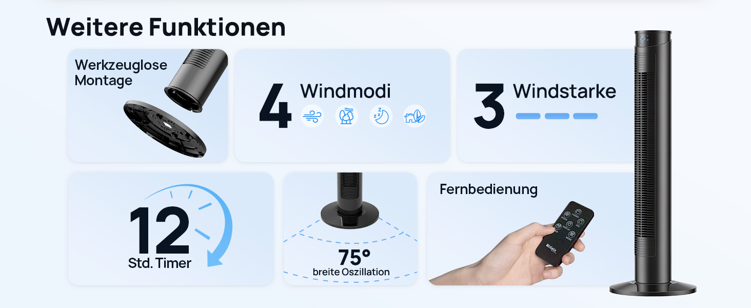 Тихий вежний вентилятор з пультом 25dB, 40W, 4 режими, 75° осциляція, таймер 12 год, 93 см