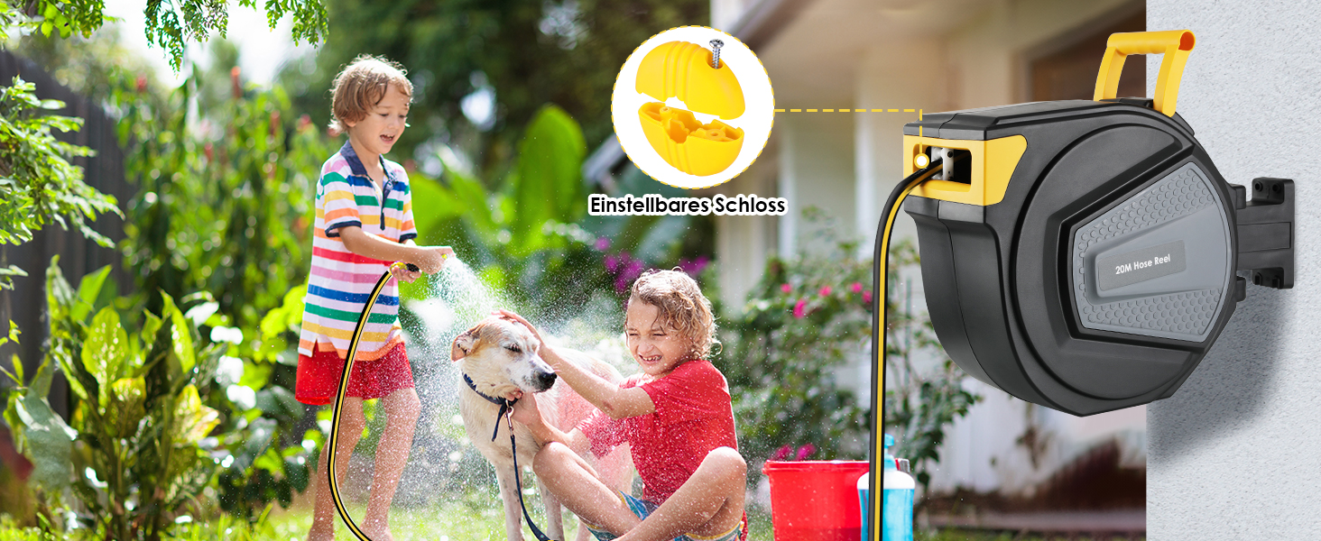 Шланговий барабан з шлангом для саду, настінний, поворотний на 180°, автоматичне змотування, бокс для шланга з ручною лійкою, 9 функцій, для поливу та миття авто (чорно-жовтий, 20 м)