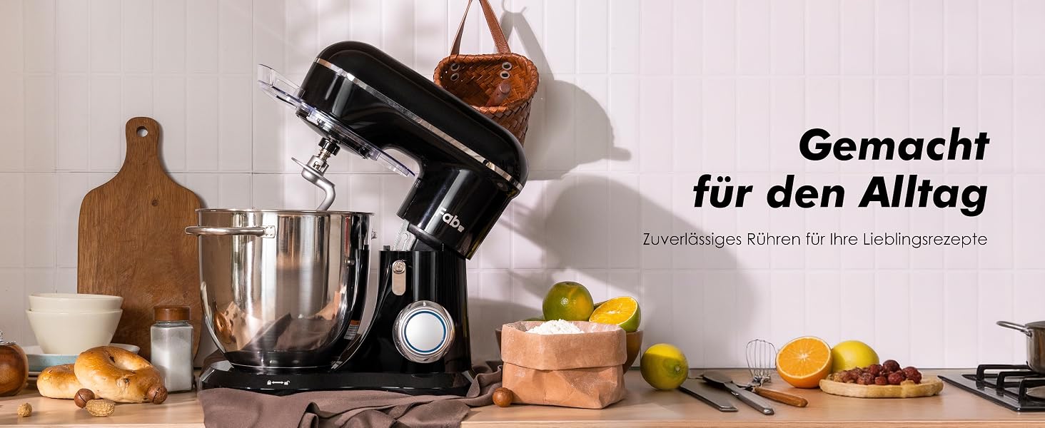 Кухонний комбайн Kitchen in the box Fab-Serie, потужний планетарний міксер 1300 Вт, 10 швидкостей, чаша 6 л, чорний (з гаком, вінчиком та мішалкою)