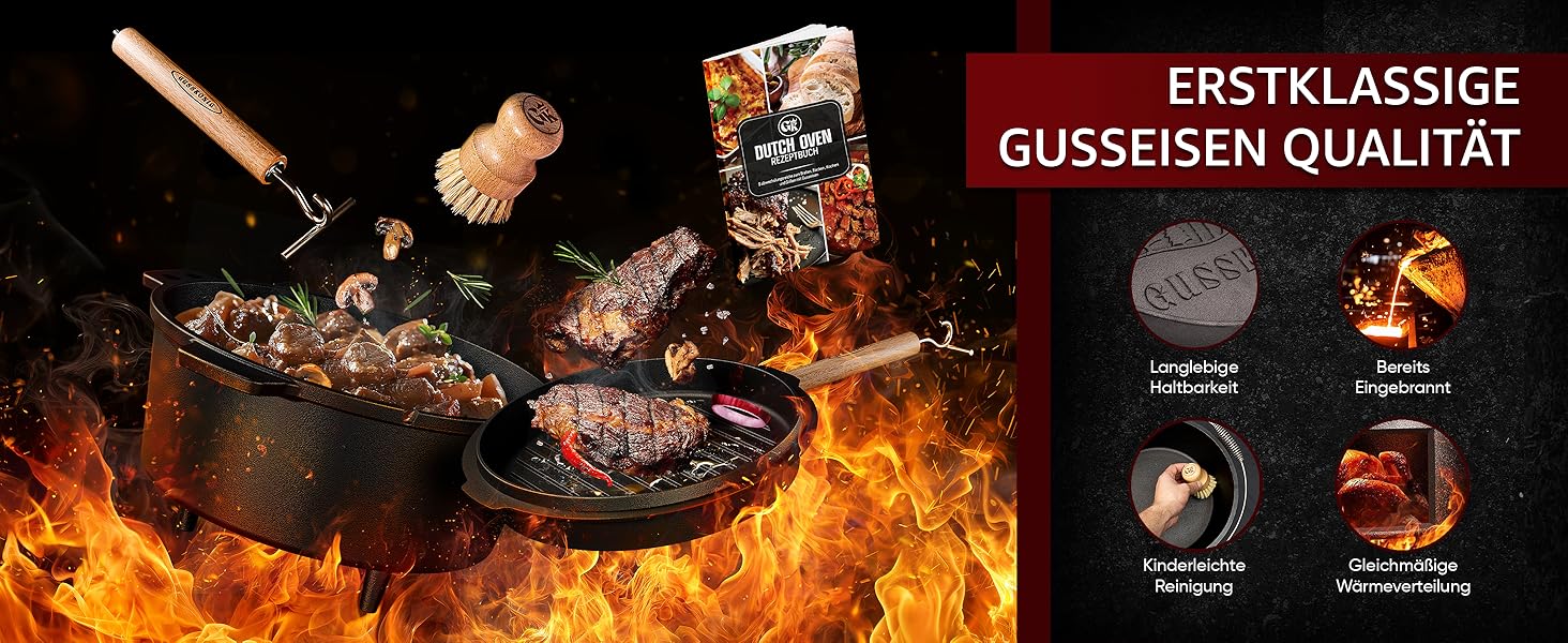 Набір голландської печі: чавунний казанок 7 літрів (3-6 осіб) з ніжками, подвійна функція, кришка-підйомник, щітка та кулінарна книга Dutch Oven. 30 років гарантії.