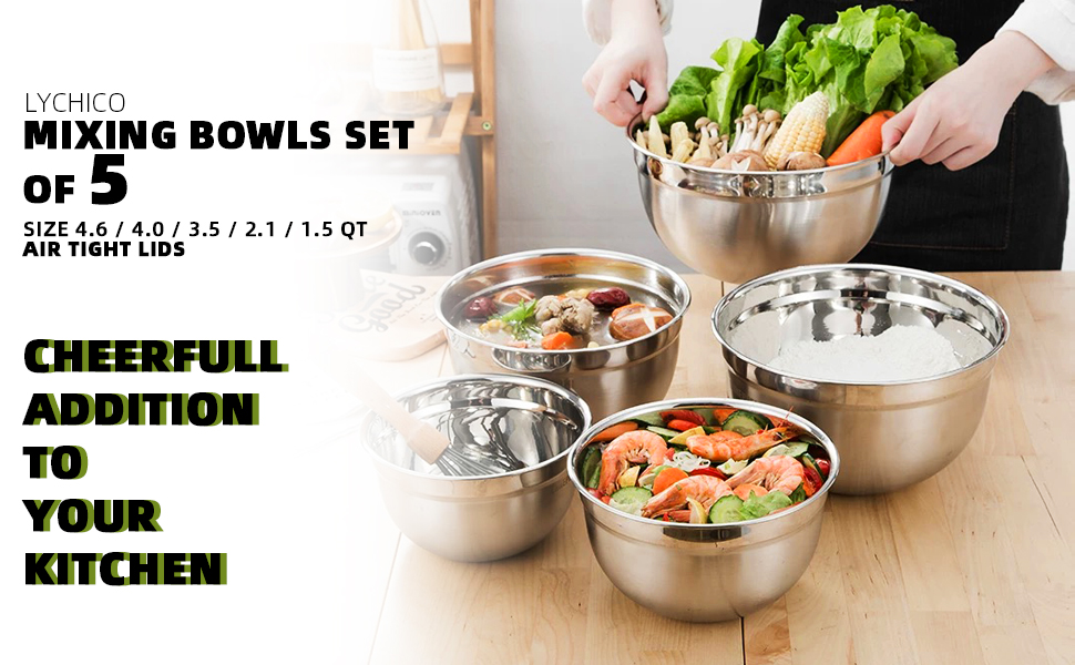 Набір місок для перемішування, 5 шт. з нержавіючої сталі, салатник з кришкою для кухні, приготування їжі, випічки, з 6 мірних ложок та вінчиком