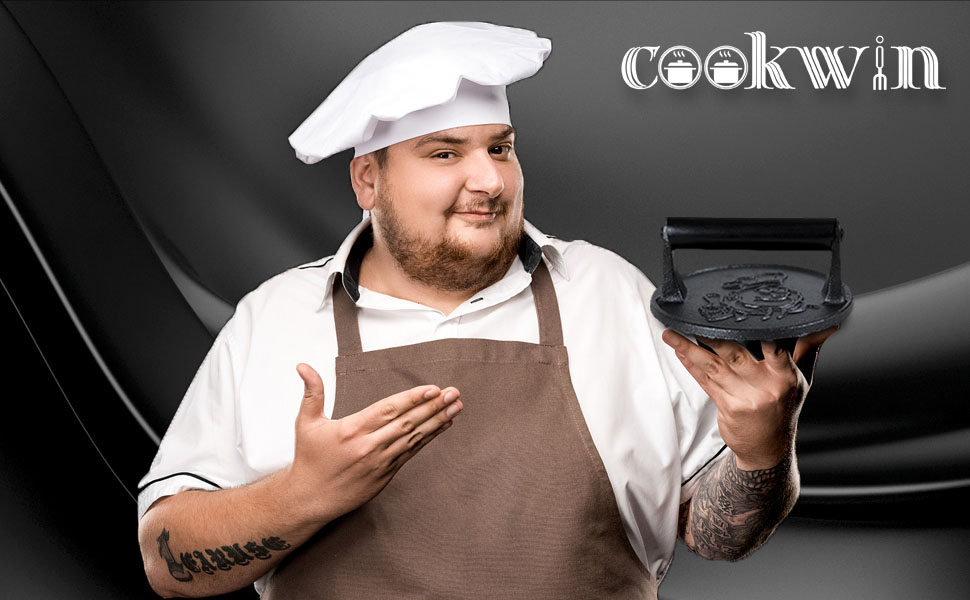 Прес для бургерів COOKWIN - міцна машина для розбивання бургерів, чавун 17,8 см, теплоізоляційна ручка, 50 шт. паперу для бургерів