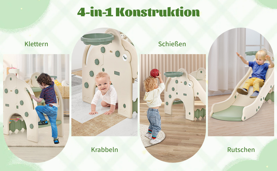 Дитяча гірка COSTWAY 4-в-1 з тунелем, баскетбольним кільцем та драбинкою, зелена, для дітей від 18 місяців