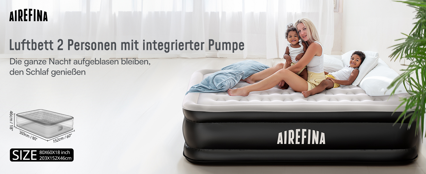 Надувне ліжко Airefina на 2 особи з самонадувною системою та вбудованим насосом, для кемпінгу та дому, міцне гостьове ліжко - 203 x 152 x 46 см