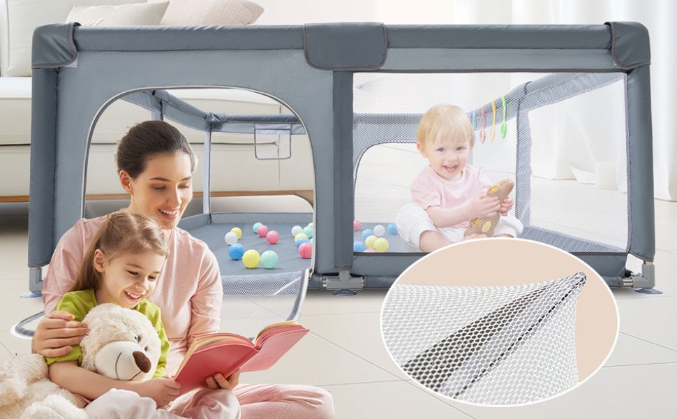 Дитячий манеж GLOKID 150 x 180 см з безпечним простіром для ігор, антиколізійні захисні бортики та дихаюча сітка, з м'ячиками та кільцями для гри (XWL 1218)