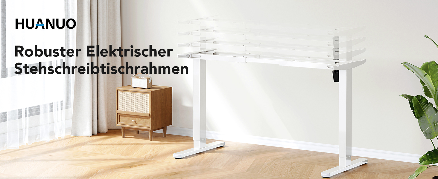 Регульований стіл-рама HUANUO з безщітковим мотором, вантажопідйомність 100 кг, для стільниць 110x200 см (тільки рама, білий)