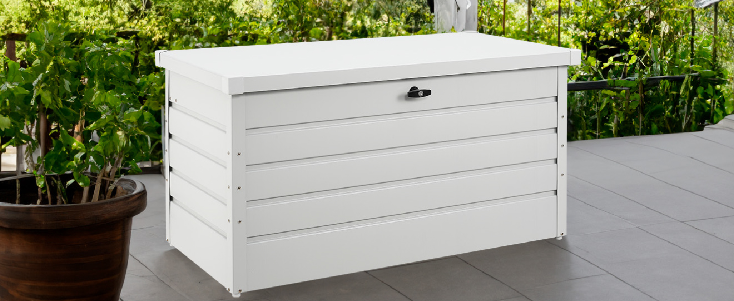 Ящик для зберігання вуличний Juskys Metall Limani 380л - водонепроникний, з замком - для саду, подушок, меблів (білий)