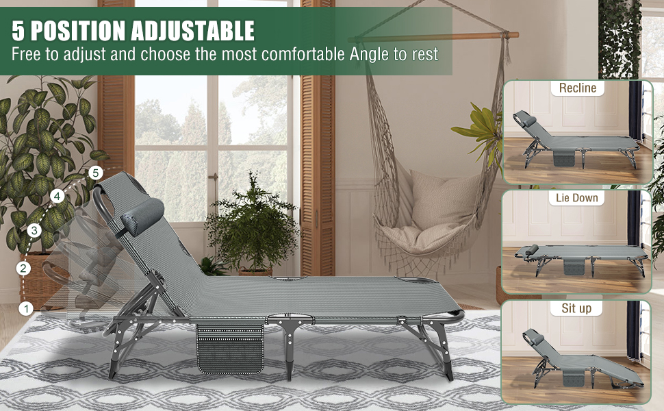 Розкладне шезлонг для саду SUNYRISY з регульованою спинкою, подушкою та підголівником, витримує до 200 кг, велике кемпінгове ліжко для дорослих, тераси, офісу та пляжу