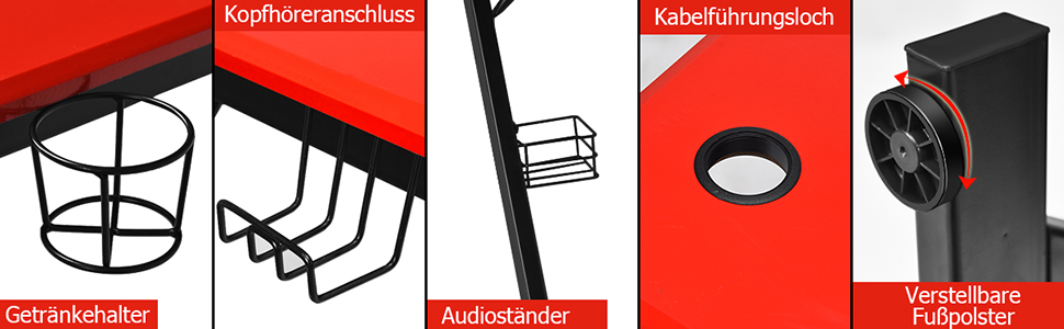 Подібний ігровий стіл COSTWAY, комп'ютерний стіл, стіл для ПК з підсклянником, гачок для навушників і підставка для динаміка, стіл для дому чи офісу, 120 x 60 x 77 см, червоний і чорний