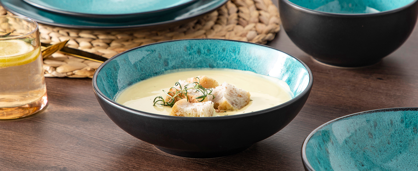 Набір посуду Bubble 6 осіб, 24 шт. з кераміки, зелений: тарілки та миски, мікрохвильова піч