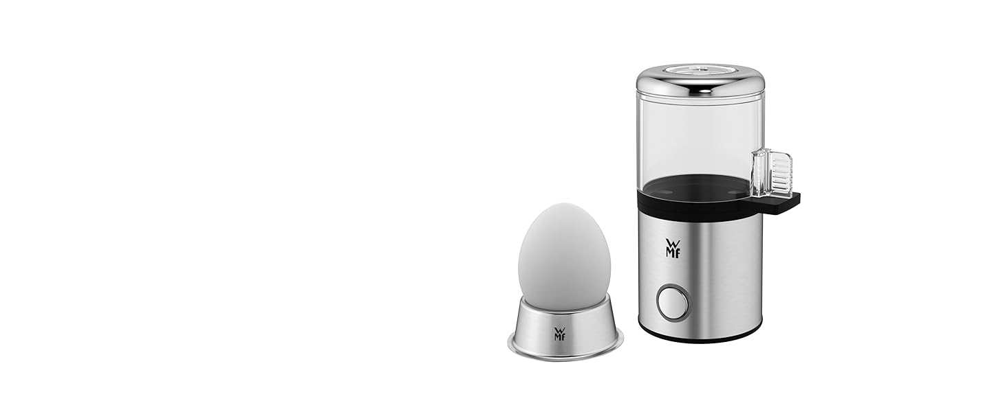 Електричний яйцеварник WMF Stelio, нержавіюча сталь, 1-7 яєць, 380 Вт, регулювання ступенів нагріву, функція підтримання тепла, мірний стакан з викруткою для яєць