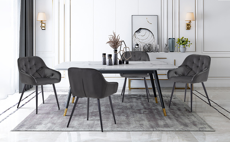 CLIPOP Комплект з 6 м'яких обідніх стільців з велюру з підлокітниками, сірого кольору. Ідеально підходять для кухні, вітальні та відпочинку. Металеві ніжки.