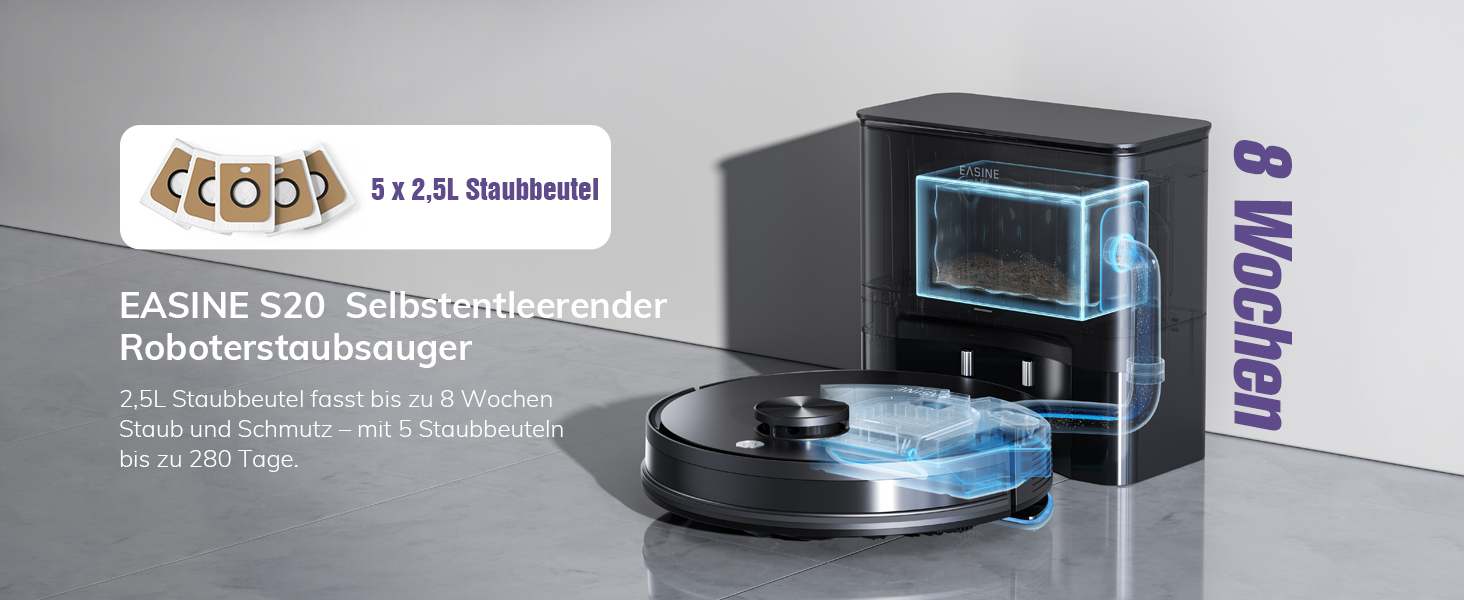 Робот-пилосос з функцією миття підлоги, автоматична станція самоочищення, лазерна навігація, зони заборони, 5000Pa, 5*2.5L мішки для пилу, 180 хвилин роботи, керування через додаток, для твердих підлог, килимів та шерсті тварин, S20