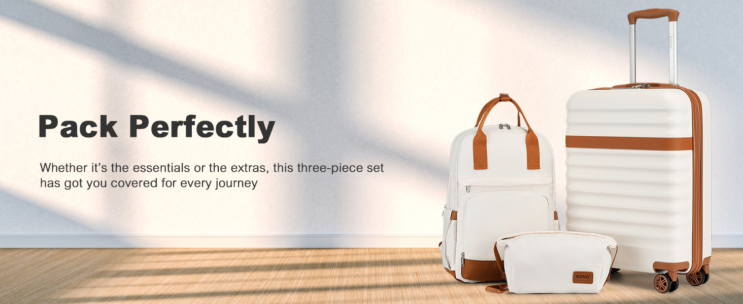 Набір валіз KONO: 3-в-1 (рюкзак, валіза на колесах, косметичка) з ABS+PC, TSA-замок, 4 колеса (кремовий/коричневий)