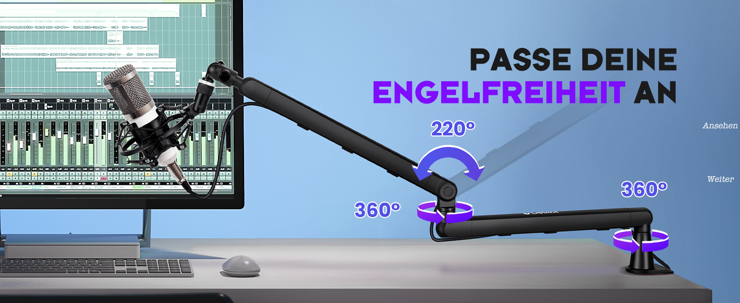 CAHAYA Мікрофонний стійкий кронштейн Boom Arm Professional: Регульований мікрофонний кронштейн з подовжувачем, низькопрофільний дизайн для стрімінгу та запису, вантажопідйомність до 2.5 кг