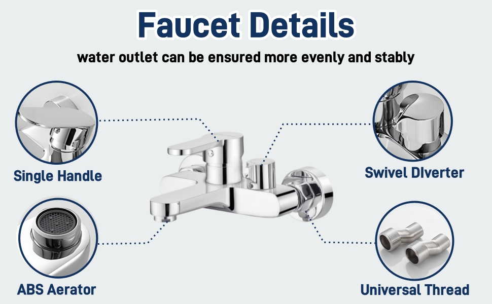 Змішувач для ванни та душу з підключенням 1/2 дюйма, накладний, з виходом для душу та наповнення ванни, хром